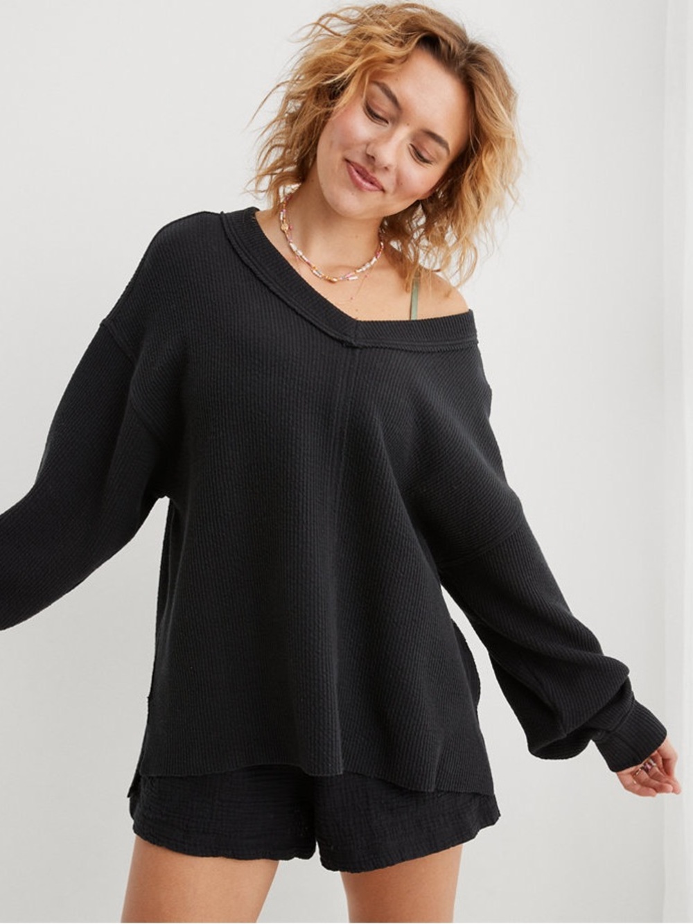 Aerie Wonder Textured V Neck Sweatshirt